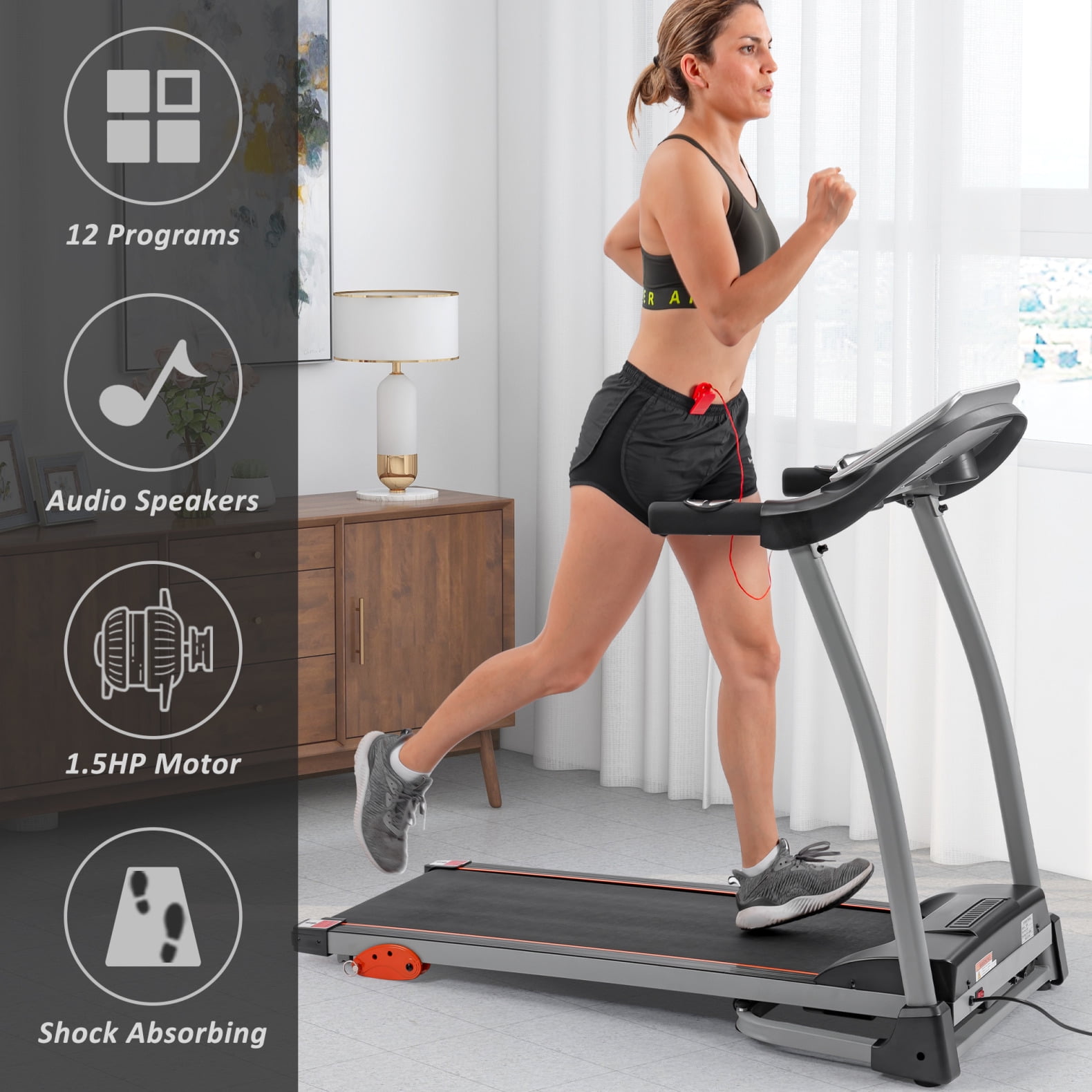 Folding Electric Treadmill Running Machine with 3 Levels Incline Adjustable 1.5 HP Power 12 Preset Program 7.5 MPH with Large Display with Large Display and Cup Holder for Home Use Running Jogging Wal...