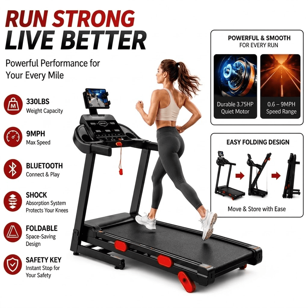 Folding Electric Treadmill for Home Use with APP Control, Shock Absorption, 3.75HP Quiet Motor, Compact Design for Daily Cardio Workout