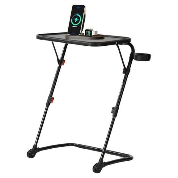 Folding End Table with Cup Holder, Compact Sofa Side Table for Small Spaces, Tucks Under Couch for Storage, Lightweight Snack Table for Living Room & Bedroom, Black (1PC)