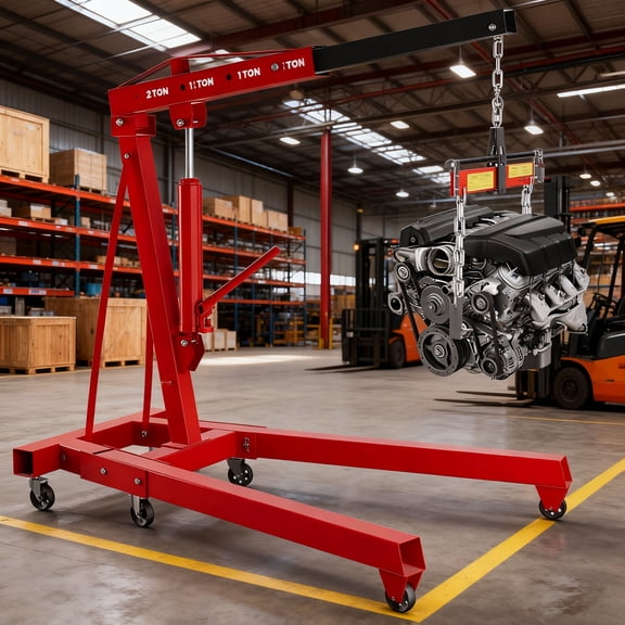 Folding Engine Hoist,2 Ton Folding Hydraulic Engine Lifter,Heavy Duty Alloy Steel Cherry Picker,Heavy Folding Shop Crane with 6 Wheels,Red