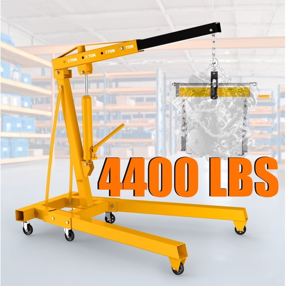 Folding Engine Hoist, Yellow Compact Crane, 2 in 1 Hydraulic Hoist & Leveler, 4400lb, Steel Casters, for Home Garage, Vehicle Maintain, Industrial