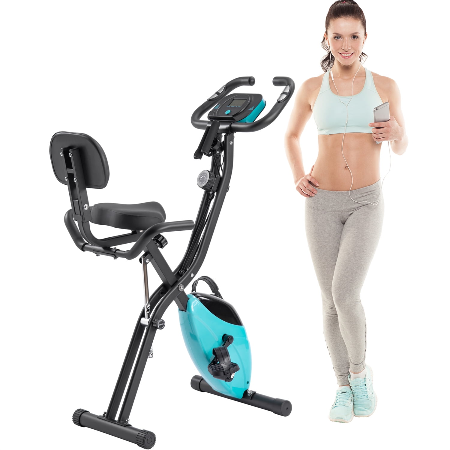 Folding Exercise Bike, Fitness Stationary Bike Machine, Upright Indoor Cycling Bike, Magnetic X-Bike with 8-Level Adjustable Resistance, Back Support Cushion & LED Display