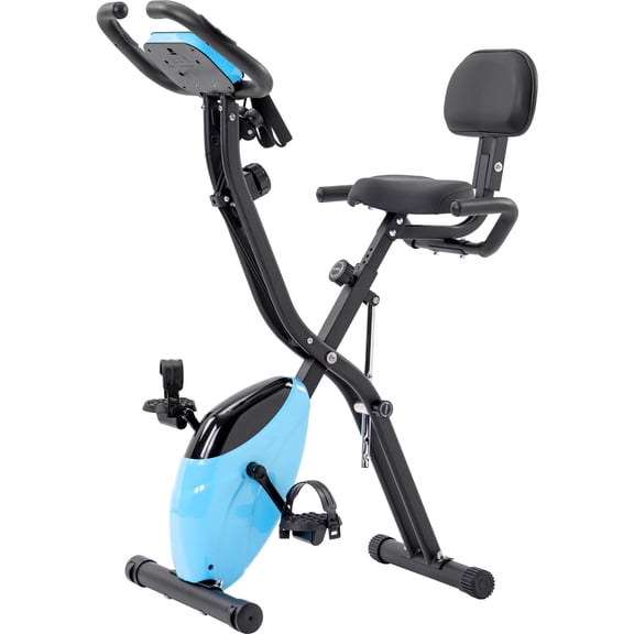 Folding Exercise Bike, Fitness Upright and Recumbent X-Bike with 16-Level Adjustable Resistance, Arm Bands and Backrest, Light Blue