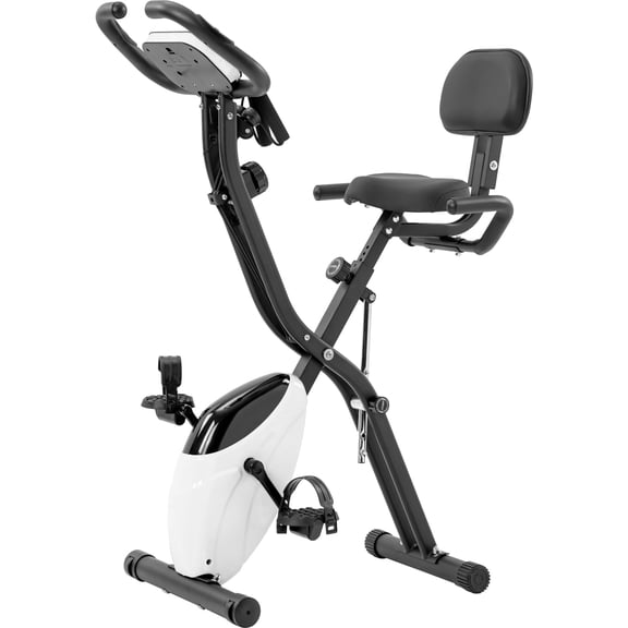 Folding Exercise Bike, Fitness Upright and Recumbent X-Bike with 16-Level Adjustable Resistance, Arm Bands and Backrest, White
