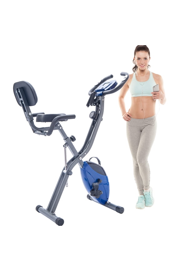 Folding Exercise Bike, Fitness Upright and Recumbent X-Bike with 16-Level Adjustable Resistance, Arm Bands and Backrest
