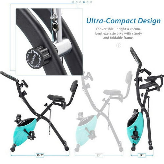 Folding Exercise Bike, Foldable Fitness Stationary Bike Machine, Upright Indoor Cycling Bike, Magnetic X-Bike with 16-Level Adjustable Resistance&Back Support Cushion for Home Gym Workout