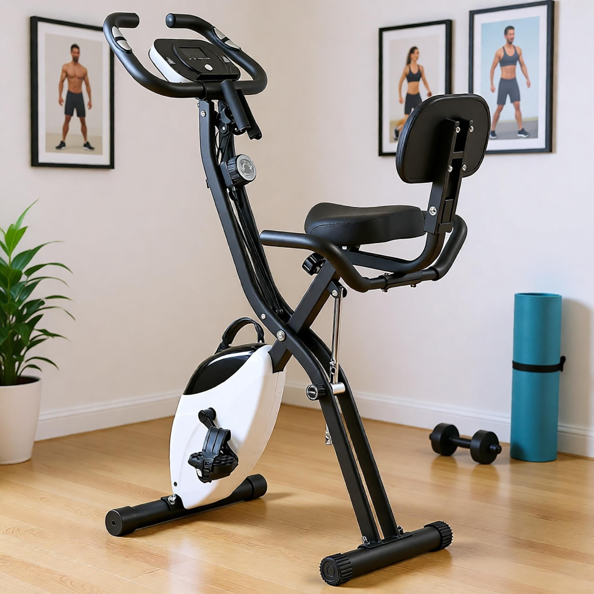 Folding Exercise Bike Upright and Recumbent 2 in 1 X Bike for Home Gym 350 lbs Capacity 10 Level Magnetic Resistance Stationary Bike with LCD Monitor Arm Bands Backrest Phone Holder Easy Storage