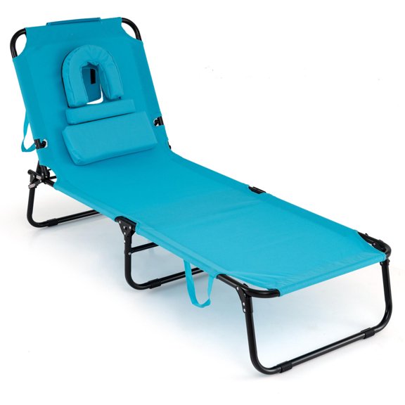 Folding FaceDown Tanning Chair With Face Hole, Turquoise Outdoor Recliner With 3 Removable Pillows, Reinforced Metal Frame Holds Up To 330 Lbs for Beach, Backyard and Poolside
