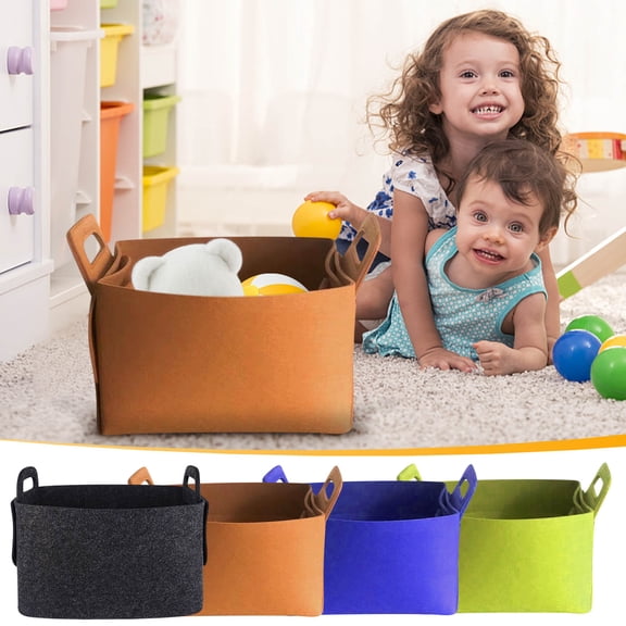 Folding Felt Storage Basket with Handle Organizer Laundry Box Foldable Collapsible Storage Bins for Closet Bathroom Bedroom Home Organization, UKHBMC | Blue