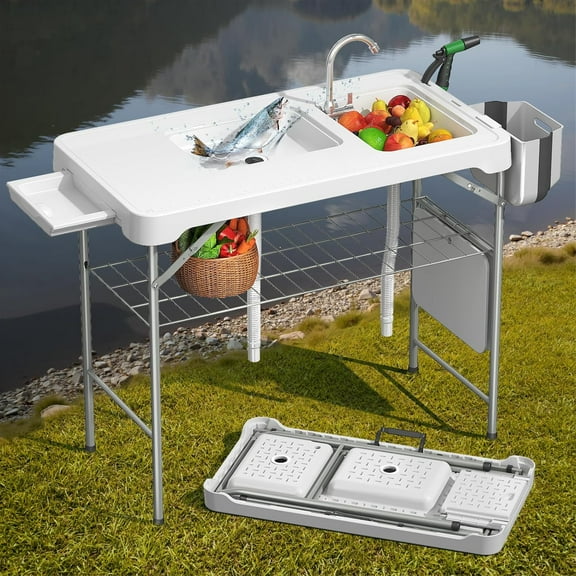 Folding Fish Cleaning Table with 2 Sinks, 42.5'' Portable Camping Sink Table with Foldable Faucet, Drainage Hose, Sprayer, Storage Box,Drawer & Grooves, Outdoor Fillet Station for Picnic