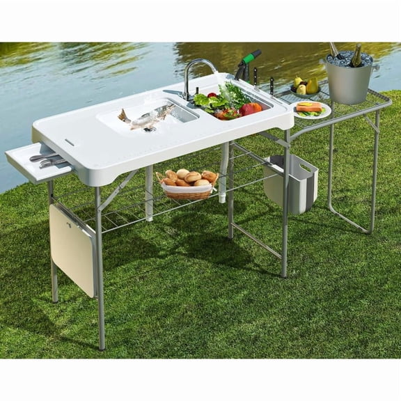 Folding Fish Cleaning Table with Expandable Mesh Rack Fish Processing Station, Portable Camping Table with Faucet, Sprayer, Mesh Rack, Hose Connector, and Knife Slot Picnic-Ready, Outdoor Sink