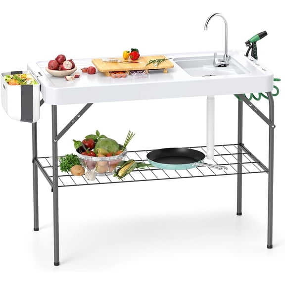 Folding Fish Cleaning Table, Fishing Fillet Station w/360 Rotatable Faucet & Sink & Spray Nozzle & Drain Pipe, Outdoor Sink Table, Portable Fish Filleting Table for Camping, Picnic