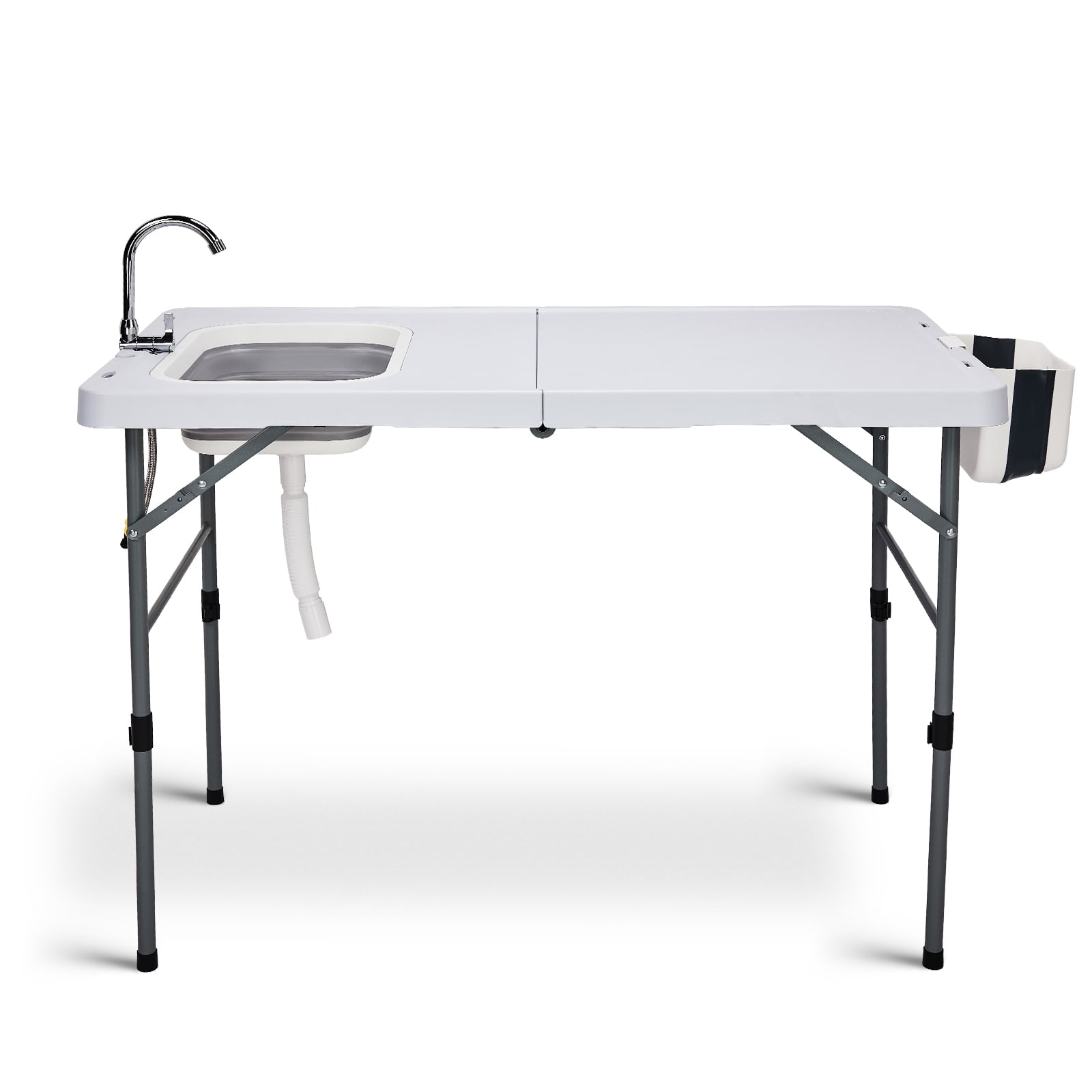 Folding Fish Cleaning Table, HDPE All-in-One Outdoor Sink Station, Heavy-Duty Stable Frame Portable Table with Faucet Trash Bin Storage Bag for Campsite Fishing Backyard Tailgate
