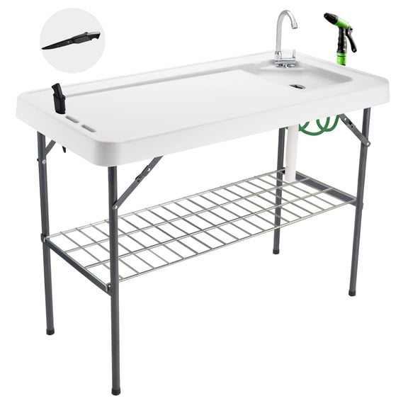 Folding Fish Cleaning Table Portable Camping Sink with Faucet Drainage Hose & Sprayer Outdoor Fillet Station Grid Rack Knife Groove for Picnic Fishing, Black