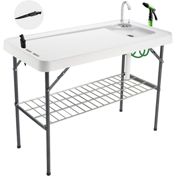 Folding Fish Cleaning Table Portable Camping Sink with Faucet Drainage Hose & Sprayer Outdoor Fillet Station Grid Rack Knife Groove for Picnic Fishing, Black
