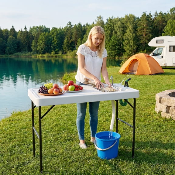 Folding Fish Cleaning Table with Sink, olding Portable Camping Sink Station with Basin & Faucet, Outdoor Camping/Patio Fillet Prep Table for Camping, Fishing, BBQ- White