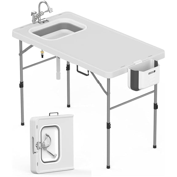 Folding Fish Cleaning Table with Sink and Faucet Portable Camping Kitchen Station for Outdoor Use