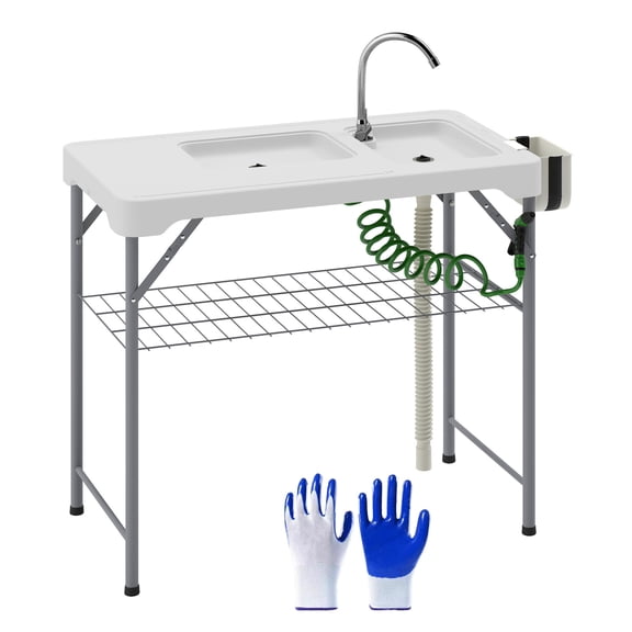 Folding Fish Cleaning Table with Sinks, Portable Camping Table, Outdoor Fillet Station with Faucet, Drain Hose, Storage, White