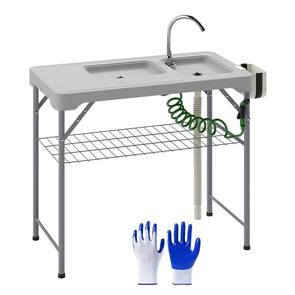 Folding Fish Cleaning Table with Sinks, Portable Camping Table with Faucet, Outdoor Fillet Table for Beach, Patio, Gray