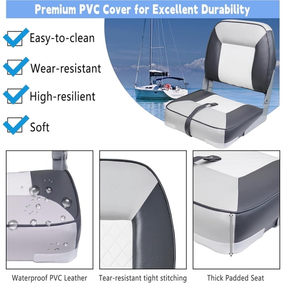 Folding Fishing Boat Seats Low Back - Premium Bass/Jon/Pontoon Boat Chairs, Heavy Duty Waterproof Swivel Boat Seat (White/Gray/Charcoal)