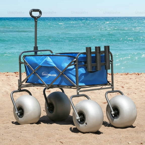 CRESTWALKER Foldable Fishing Cart with 13'' Balloon Tires and Rod Holders, Beach Wagon with Big Wheels for Sand, Pump Included