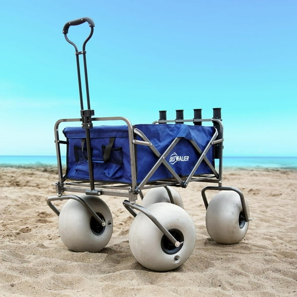 Folding Fishing Cart for Sand with Big Wheels, Upgraded Beach Wagon with Rod Holders and 13'' Balloon Wheels, Pump Included