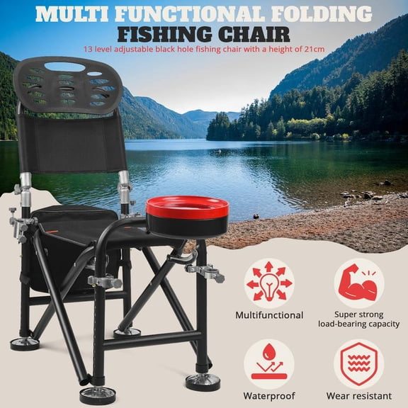 Folding Fishing Chair with Rod Holder Multi-Functional Iron Recliner Heavy Duty Load Capacity Over 300 lbs Adjustable Angle Oxford Cloth Breathable Portable for Camping Outdoor Fishing Black Pit