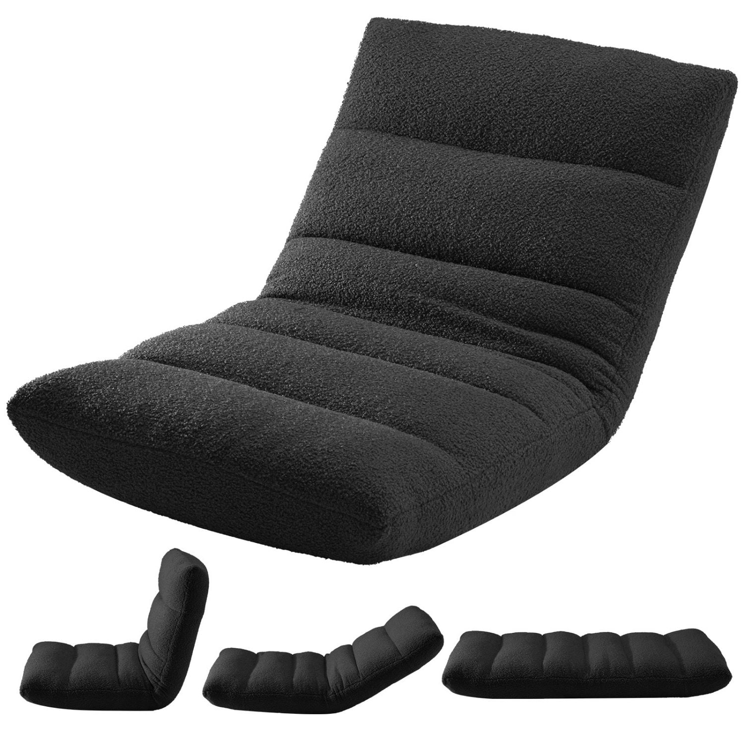 Folding Floor Chair, Adjustable 14-Position Gaming Chair with 5.9" Thick Cushion, Soft Velvet Cover & Steel Frame, Portable Floor Seating for Adults, Black