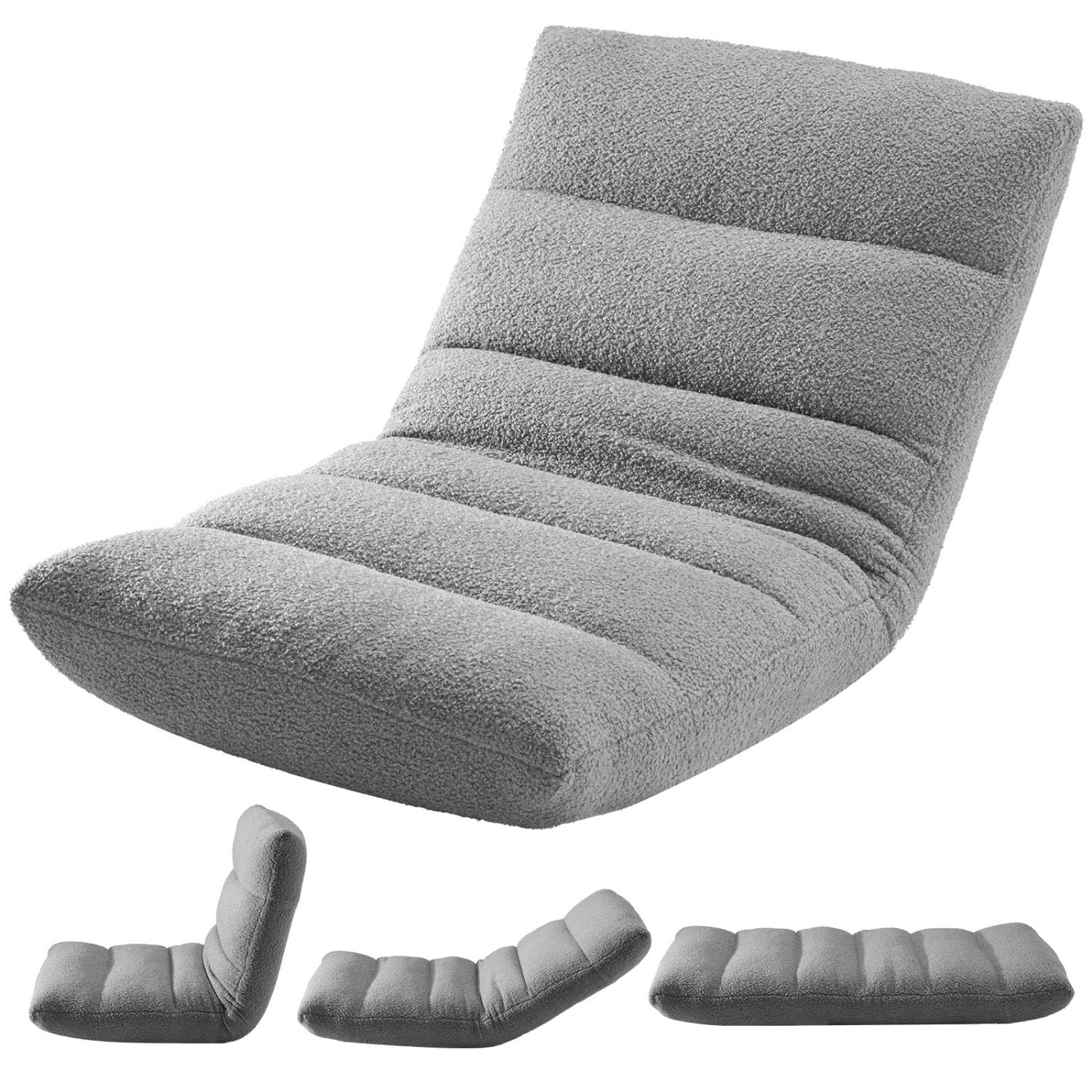 Folding Floor Chair, Adjustable 14-Position Gaming Chair with 5.9" Thick Cushion, Soft Velvet Cover & Steel Frame, Portable Floor Seating for Adults, Grey