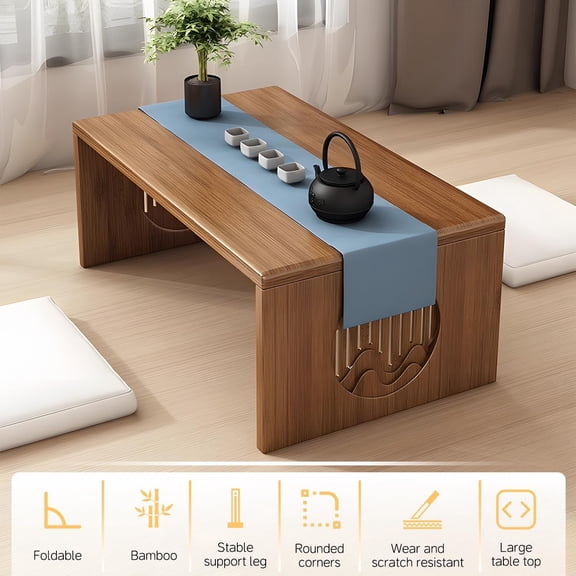 Folding Floor Coffee Table, Japanese Bamboo Foldable Coffee Tables, Portable Living Room Low Table, Versatile Tatami Meditation Tea Table for Dining Room, Wooden Desk for Home, Office (80X37CM)