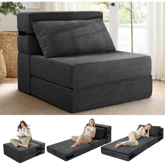 Folding Futon Sofa Bed, Convertible Foldable Chair Bed, Floor Couch, Comfy Foldable Mattress with Pillow, Small Couch for Small Spaces, Single Size, Dark Grey