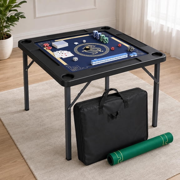 Folding Game Table with Double Sided Mat, Foldable Board Game Table for Mahjong, Domino, Poker, Puzzle, Card - 35 x 35 x 27 Inches with Storage Bag