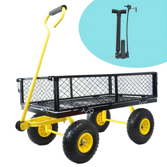 Folding Garden Cart Mesh Steel Utility Wagon with Removable Sides 10 Inch Wheels, Convertible Landscape Heavy Duty Cart for Beach Lawn Yard