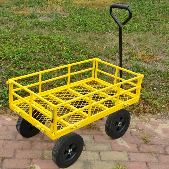 Folding Garden Cart, Outdoor Heavy Duty Mesh Steel Garden Truck with Handle and Tires, Utility Metal Wagon, Convert into Flatbed for Garden, Farm, Yard, Yellow + Black