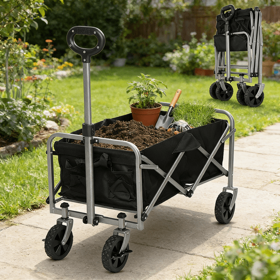 Folding Garden Cart Utility Wagon Heavy Duty Steel Frame with 600D Oxford Fabric 220 LB Capacity Flat Fold Storage Yard Cart for Soil Mulch Pots Gardening Hauling Lawn Debris Black and Silver