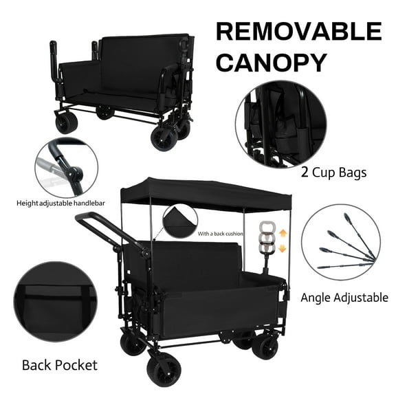 Folding Garden Carts 3-in-1 Folding Wagon Cart with Bench Seat & Canopy & Storage, 500lbs Heavy-Duty, 180L Capacity, All-Terrain Wagon for Camping, Beach, Sports, & Garden, Black,Heavy Duty Garden Ca