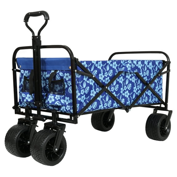 Folding Garden Carts 440lbs Collapsible Foldable Wagon Cart, Beach Wagon Utility Cart Utility Wagon Grocery Cart for Camping Shopping Sports Gardening Fishing, blue flower,Heavy Duty Garden Carts