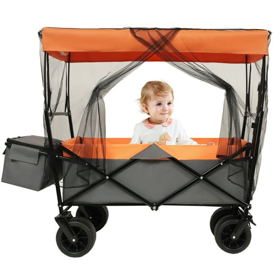 Folding Garden Carts 480Lbs Collapsible Wagon with Canopy,Wagon Stroller with 7" All-Terrain Wheels, Lightweight Foldable Wagon, Large Capacity for Camping, Shopping, Sports, and Garden Use,orange wi
