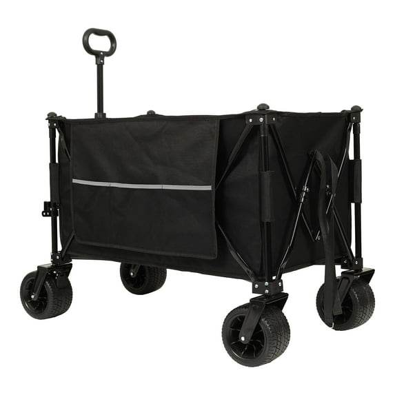 Folding Garden Carts Collapsible Foldable Extended Wagon,480lbs Weight Capacity, Heavy Duty Folding Utility Garden Cart with Big All-Terrain Beach Wheels & Drink Holders,Side Pocket and Brakes, Black