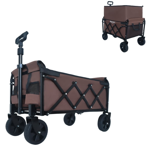 Folding Garden Carts Expandable Dual-Layer Utility Wagon with 100% Extra Space - Grocery Cart for Camping, Shopping, Sports, Gardening, Fishing, Supports 225lbs, Brown,Outdoor Garden Carts