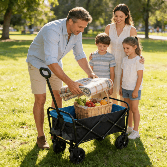 Folding Garden Carts Mini Folding Wagon Garden Shopping Beach Cart (black+blue),Outdoor Garden Carts