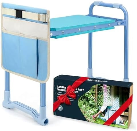 Folding Garden Kneeler and Seat, 10 Inch Wider Kneeling Bench Stool, Portable Gardening Workseats with Tool Bag and Padded Cushion, Garden Gift for Women Seniors(Blue)