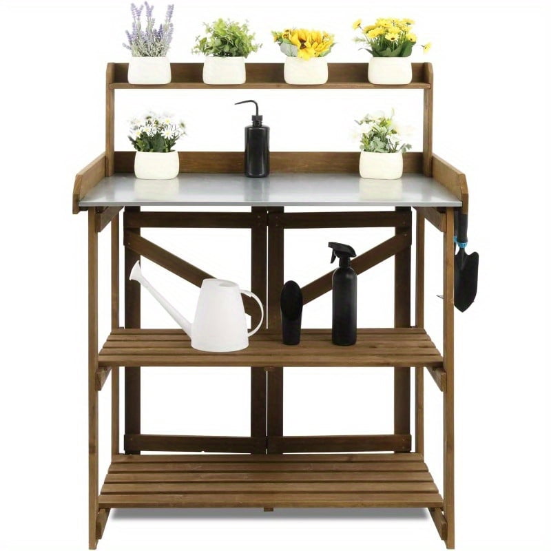 Folding Garden Potting Bench Table Outdoor Wooden Work Station W Metal ...
