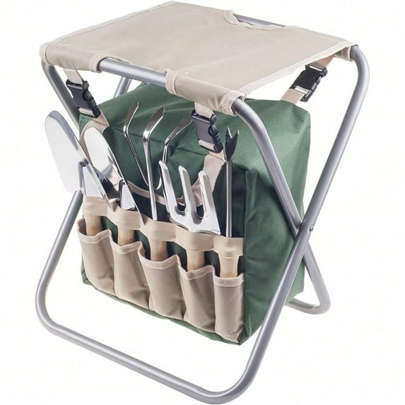 Folding With Tool Bag Plus 5 Garden Tools Garden Stool, Tan/ Green/ Silver (6 Count)