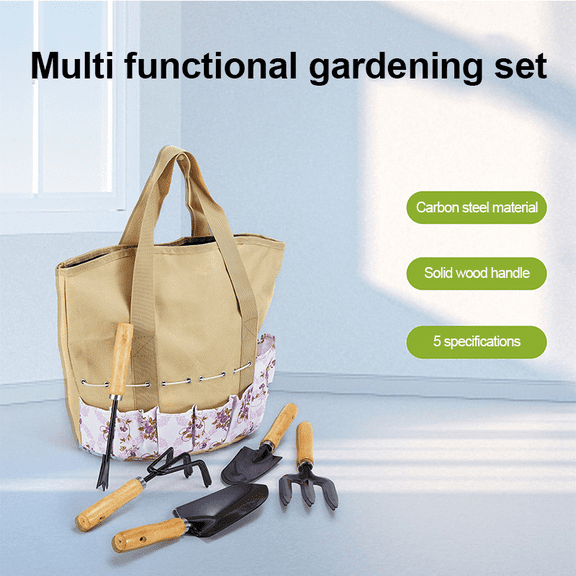 Folding Garden Tools Set 5 Piece Heavy Duty Gardening Kit With Storage Organizer Tote Bag and Tools Ideal Gardening Gifts for Women
