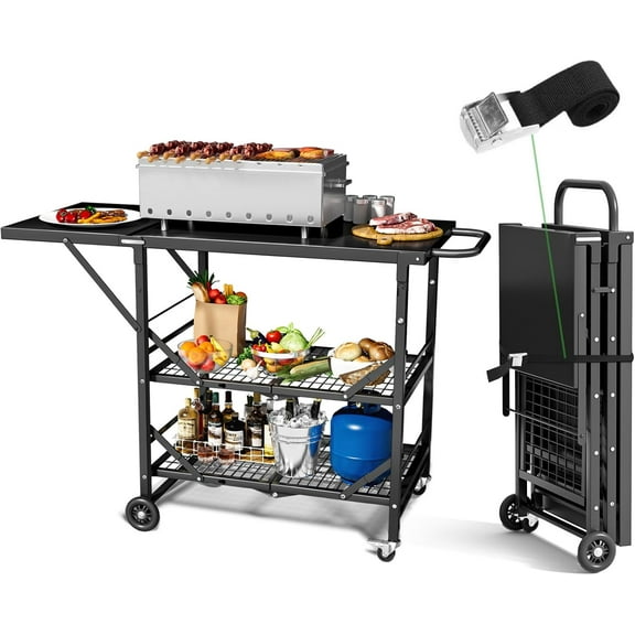 Folding Grill Cart-3 Tier Outdoor Grill Cart with Wheels, Grill Table for Outside Pizza Oven Cooking Prep Table, Portable Bar Cart Grill Station