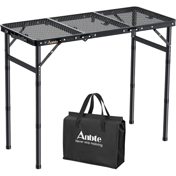 Folding Grill Table, 3ft Tri-Fold Aluminum Folding Table Adjustable Height Max 27.5" Grill Table with Mesh Desktop, Lightweight, Portable Handle for Outdoor Cooking BBQ Picnic (Black)