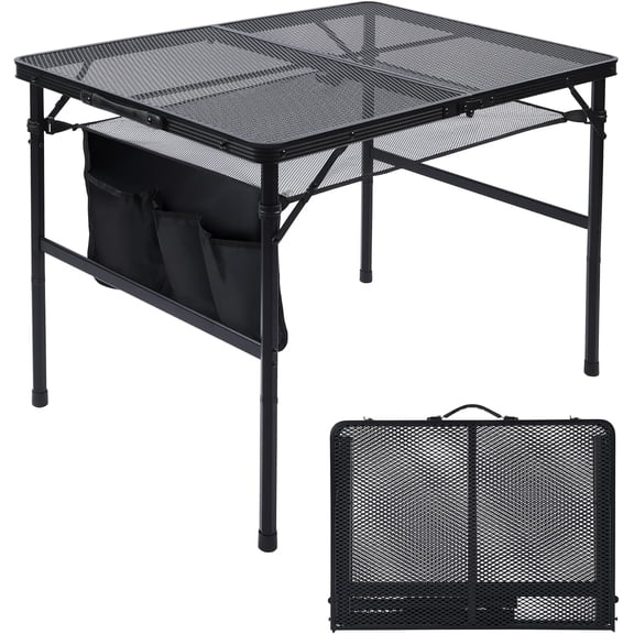 Folding Grill Table 3x2 FT Height Adjustable Metal Table with Mesh Desktop and Mesh Bag Black