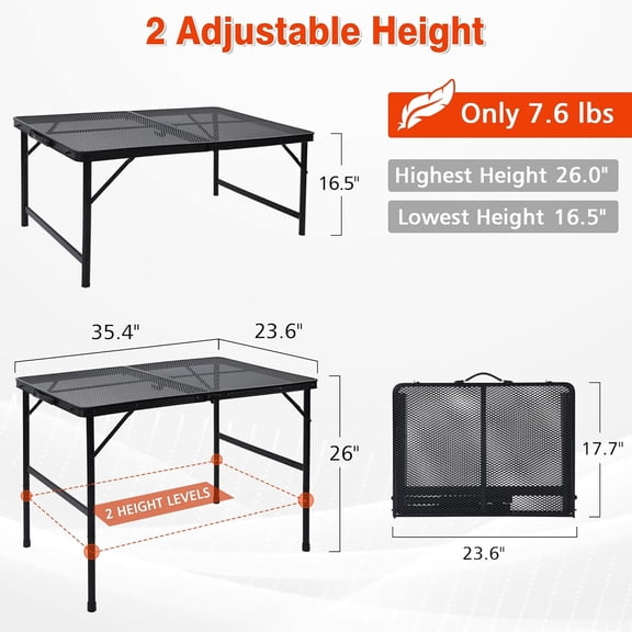 Folding Grill Table, 3x2 FT Portable Camping Table, Height Adjustable Metal Tables with Mesh Desktop and Mesh Bag, Outdoor Furniture for Camping, Picnic, Beach and BBQ, Black