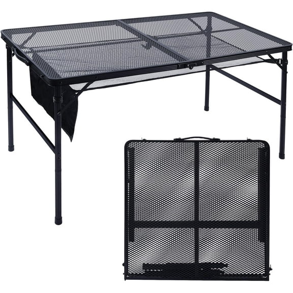 Folding Grill Table 4x2 FT Portable Camping Table Height Adjustable Metal Table with Mesh Desktop and Mesh Bag
